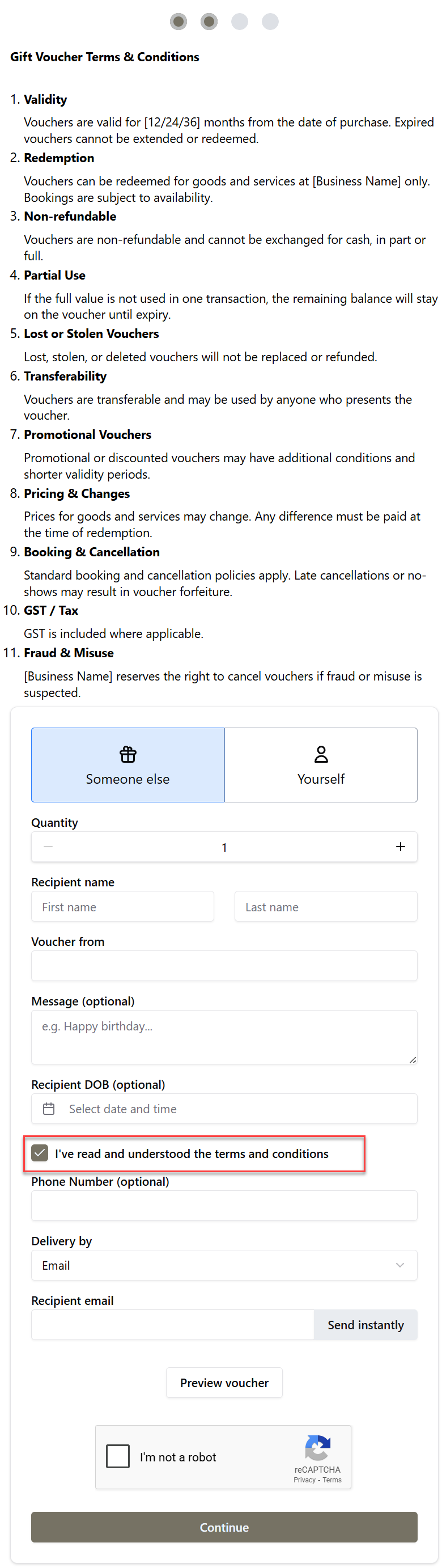 Checkout terms and conditions checkbox example