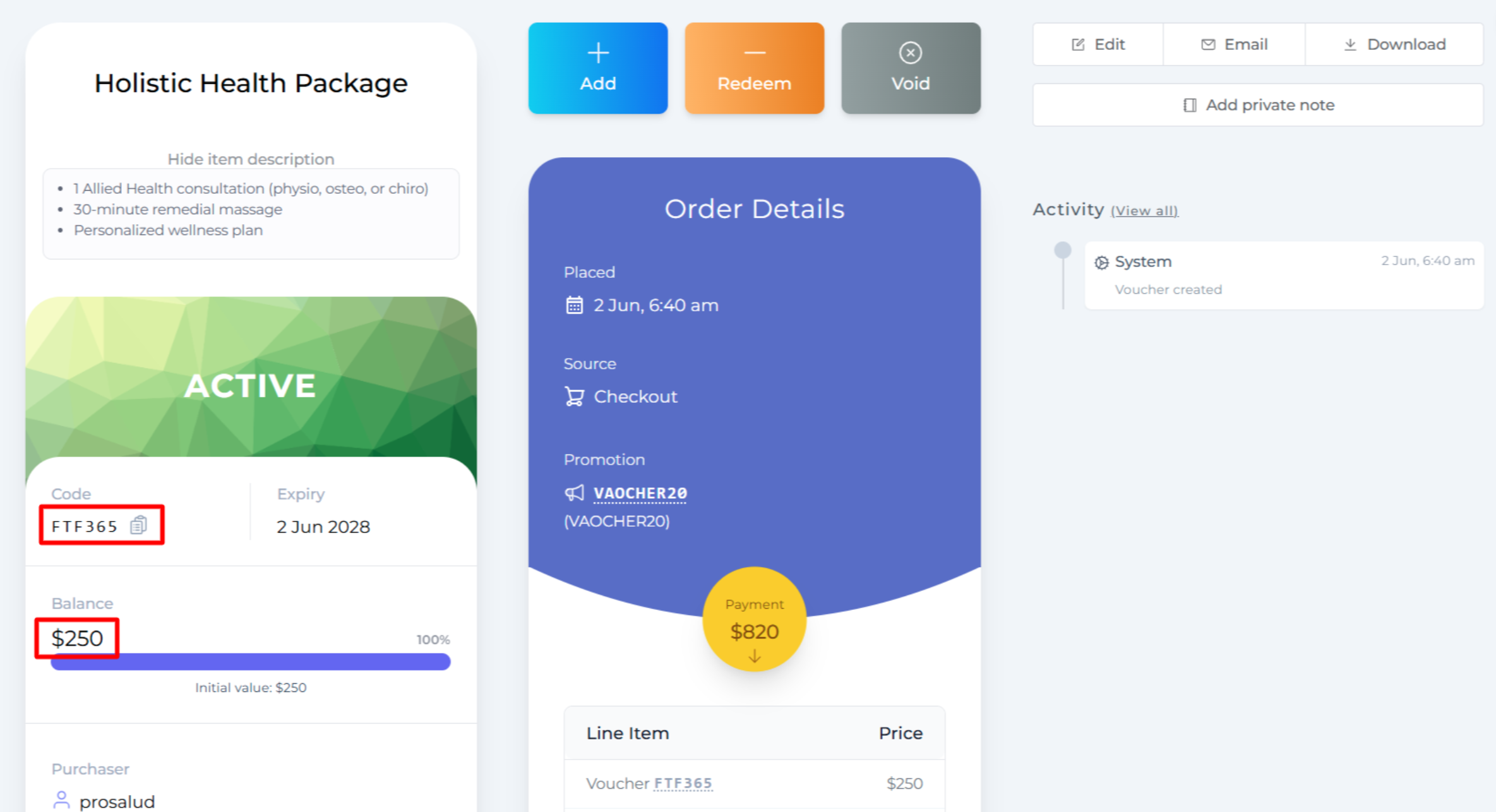 Voucher created in VaocherApp