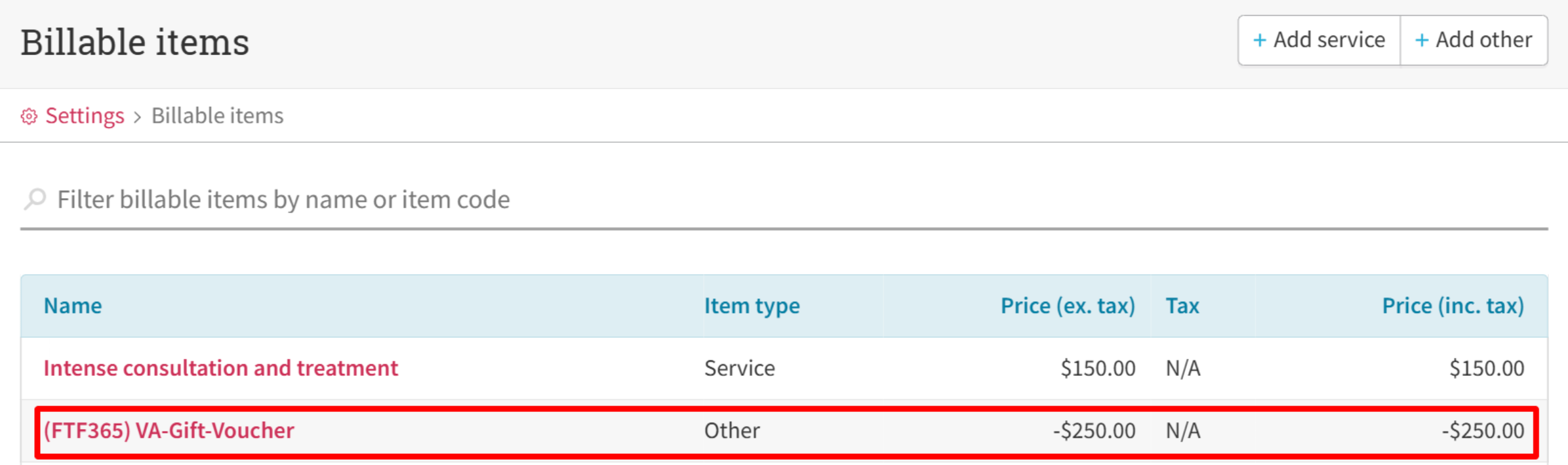 Voucher appears with a negative value applied as a discount in Cliniko