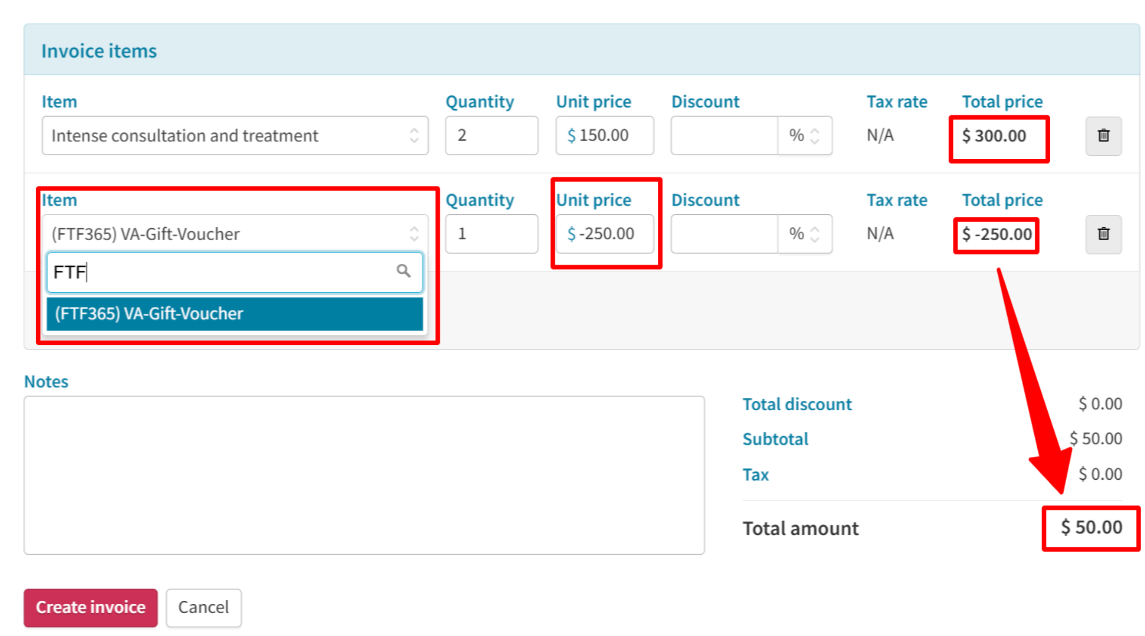 Voucher code entered in the invoice item field in Cliniko