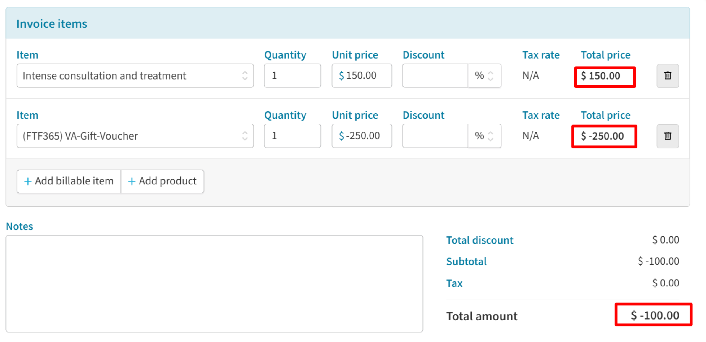 Invoice showing excess voucher value applied beyond treatment cost