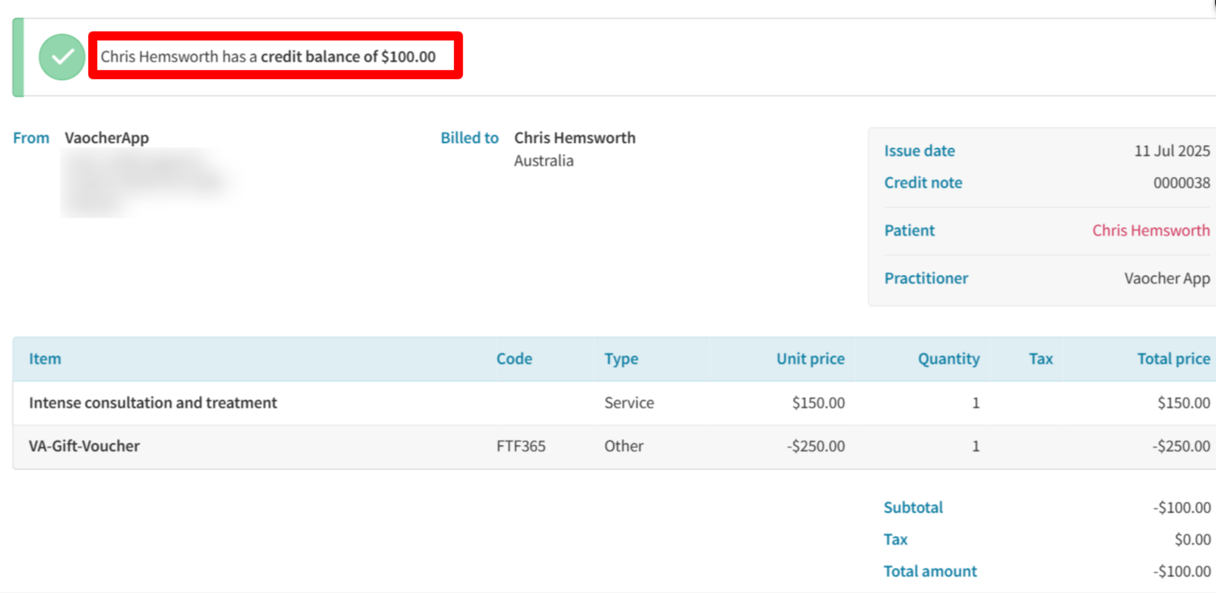 Remaining voucher balance recorded as credit on the patient account