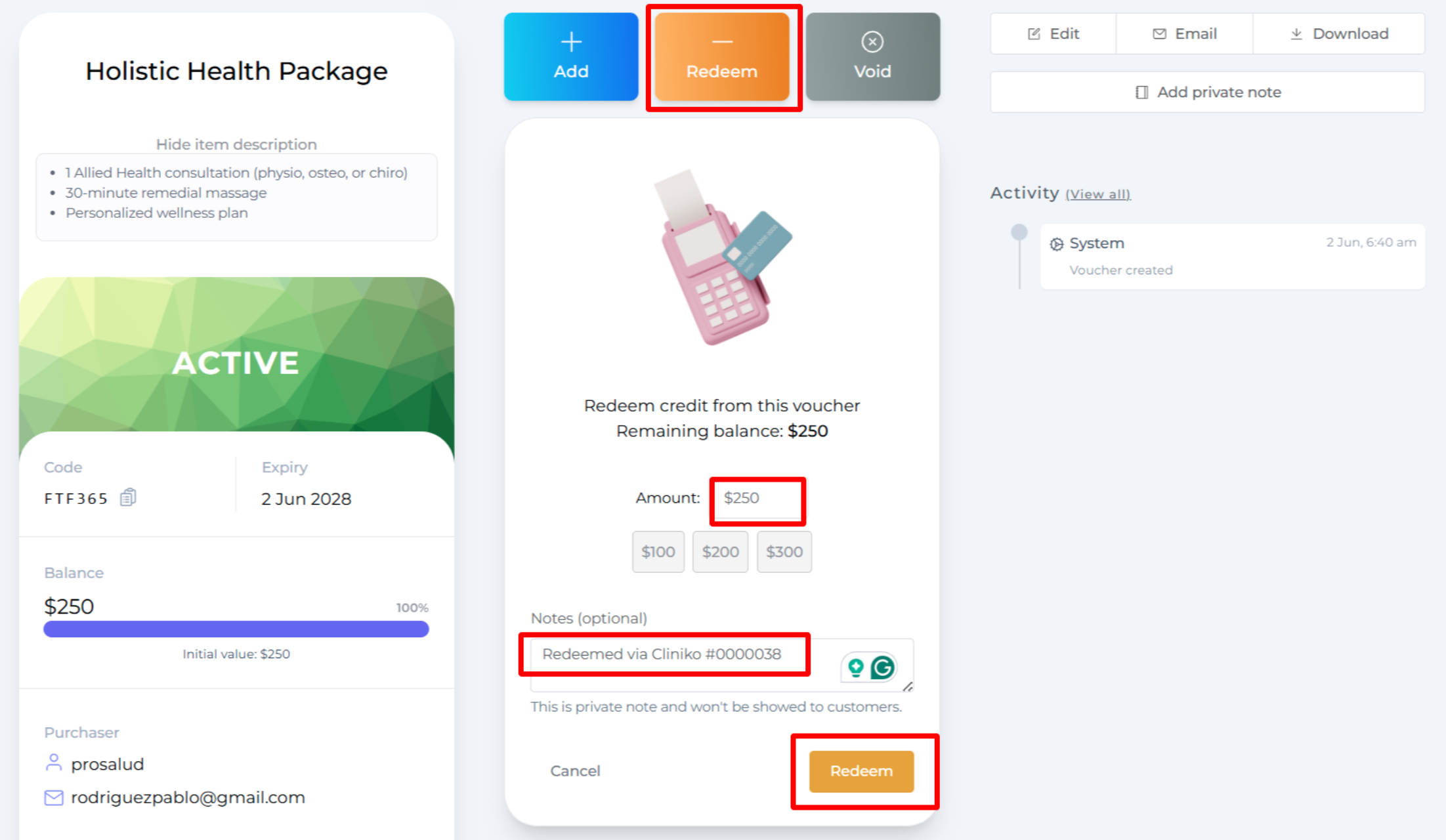 Marking voucher as redeemed in VaocherApp after invoice creation