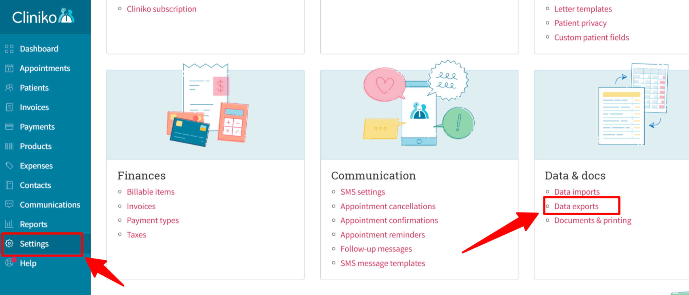 Navigating to Data exports in Cliniko settings