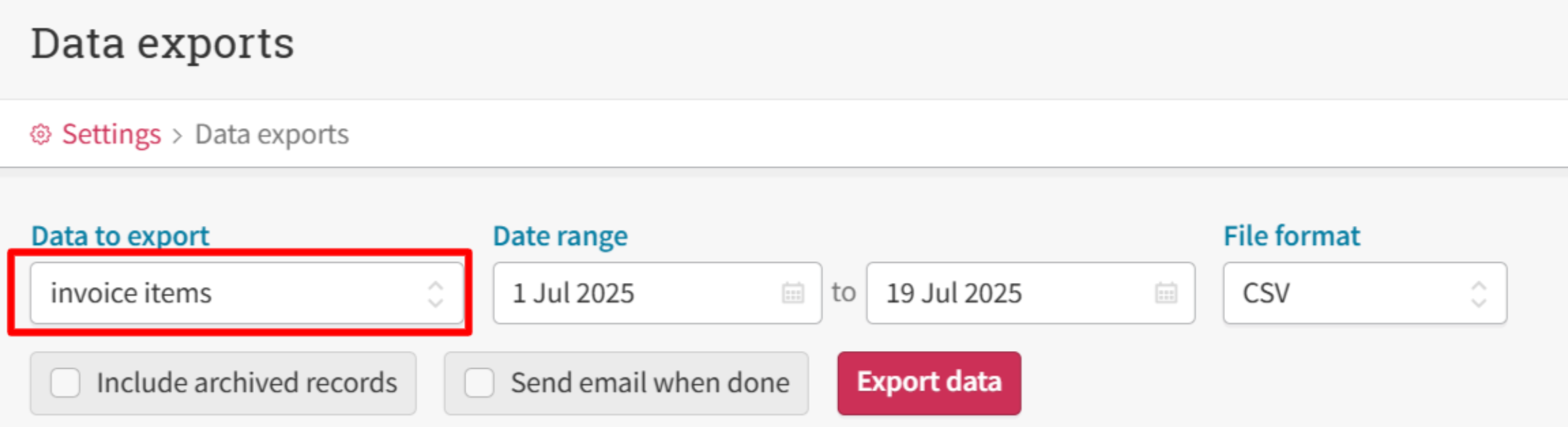 Running an Invoice items export in Cliniko