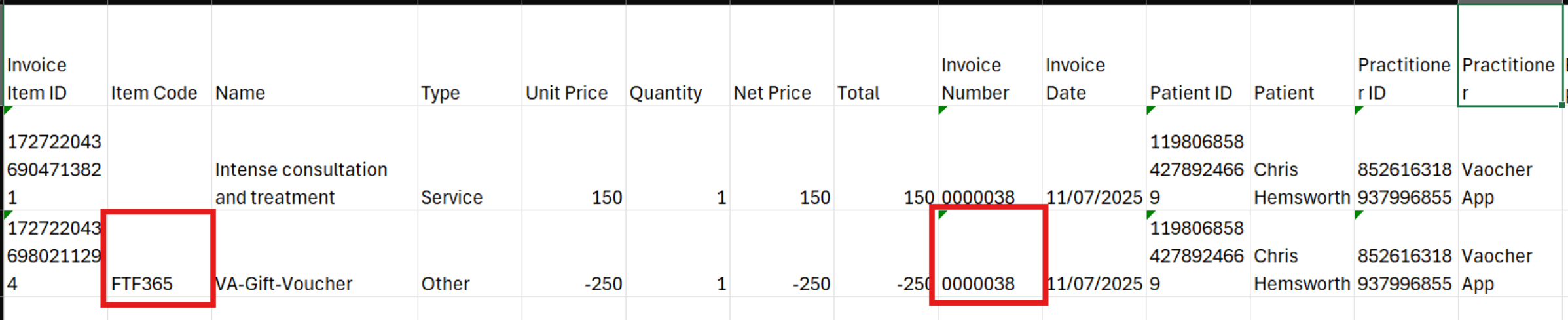 Exported CSV showing voucher codes for reconciliation