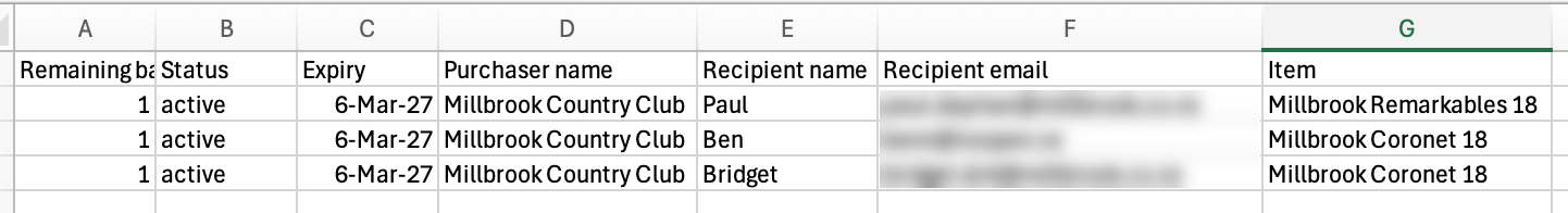 Example spreadsheet used to send voucher emails