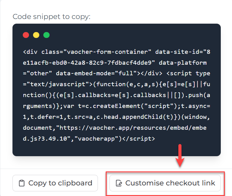 Customise checkout link settings in VaocherApp dashboard