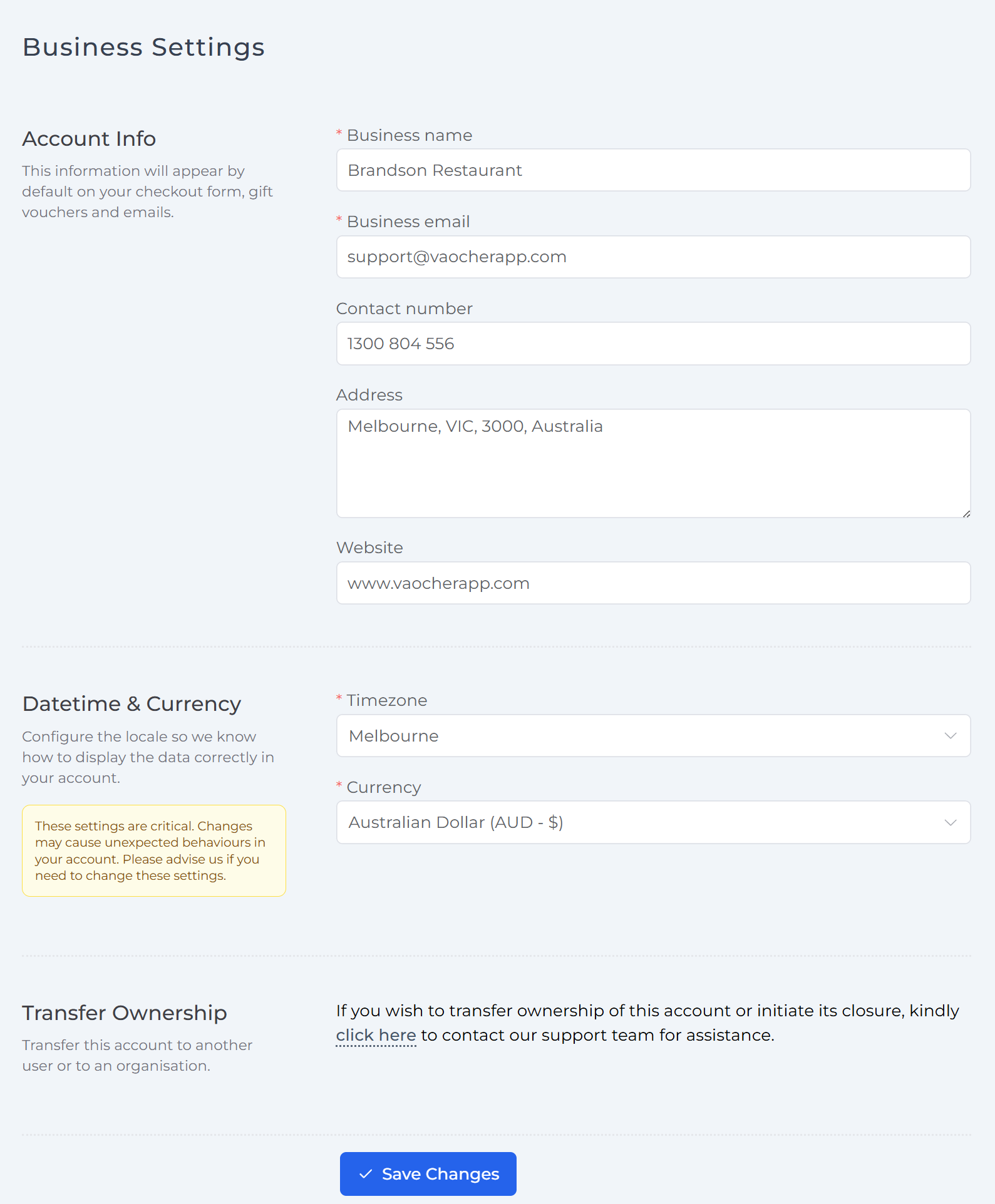 Business settings page