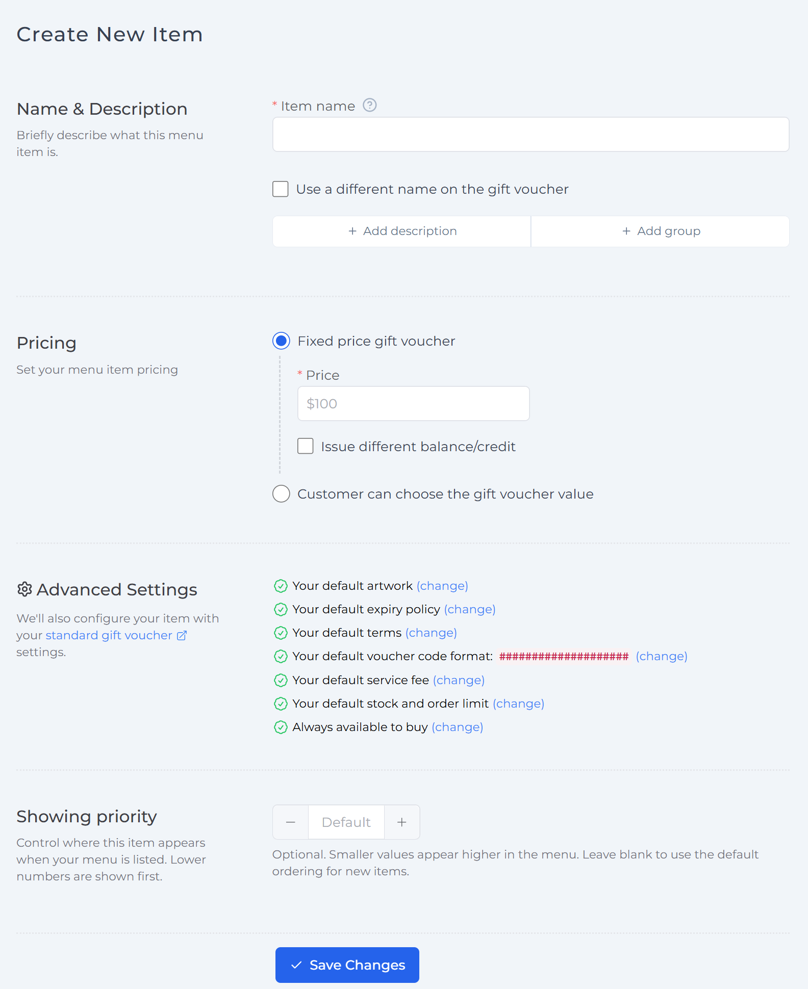 Creating a voucher item