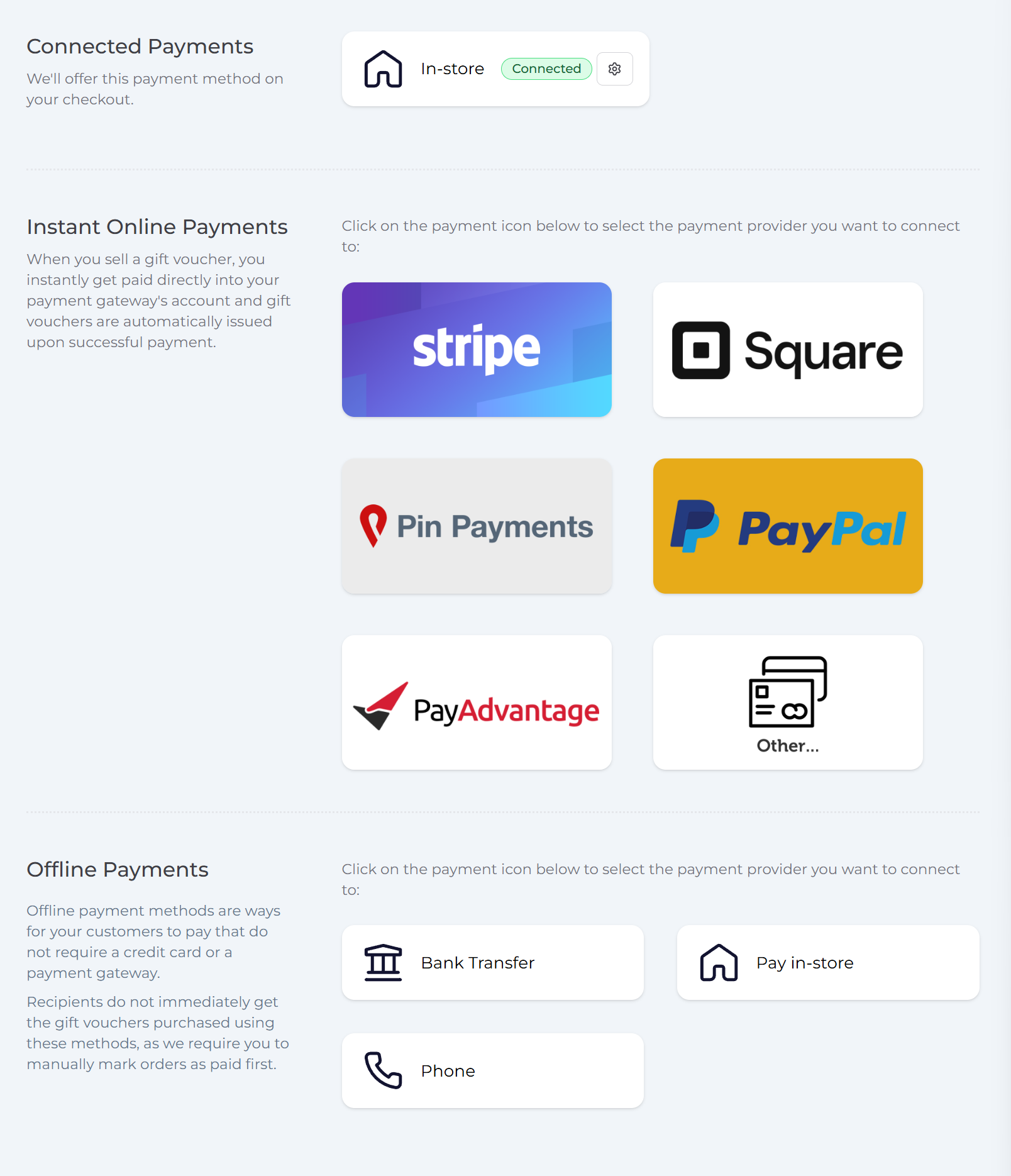 Payment methods page