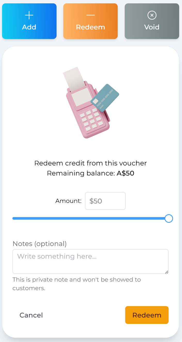 Voucher redemption screen on Dashboard