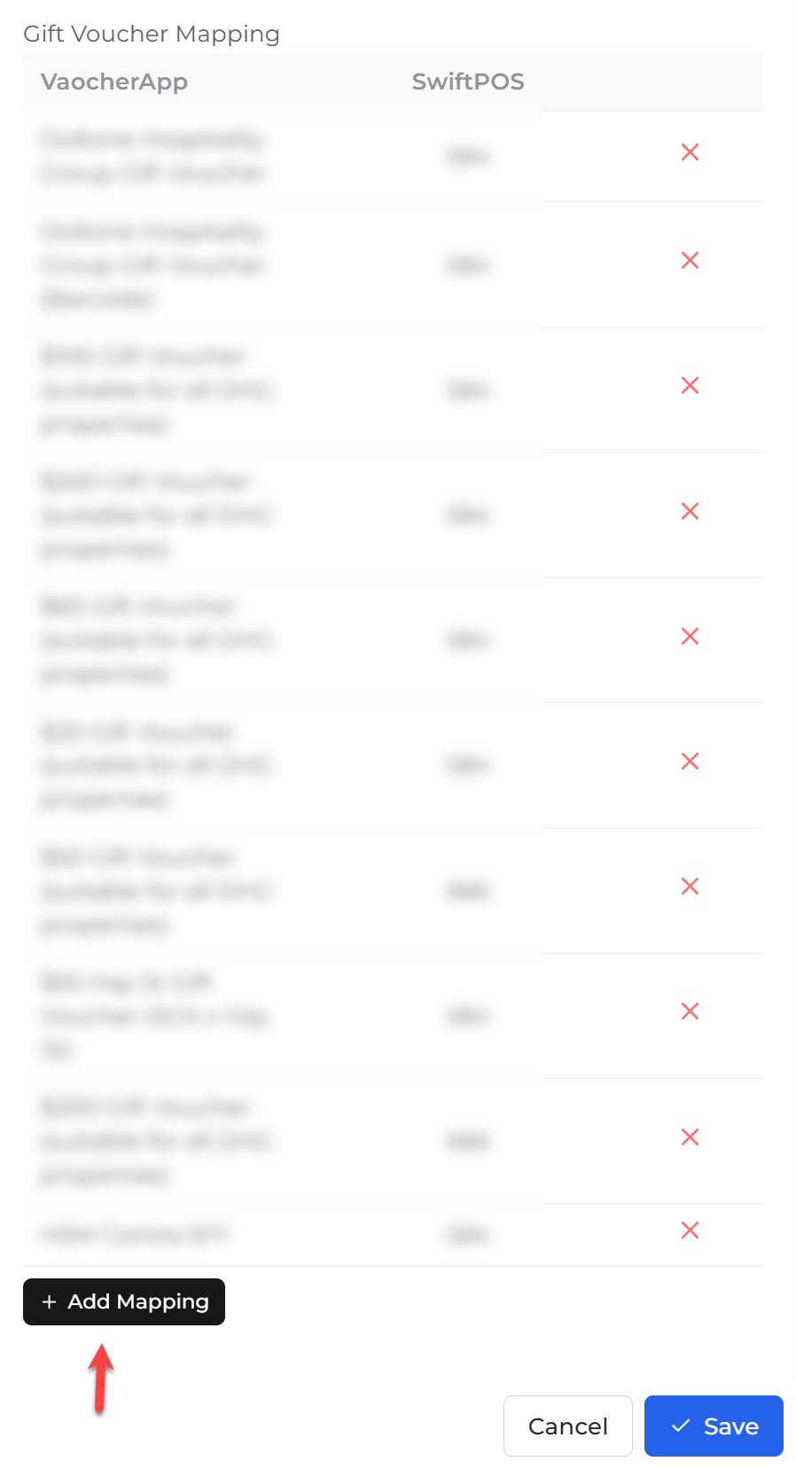 Click + Add Mapping to create a new voucher mapping between VaocherApp and SwiftPOS