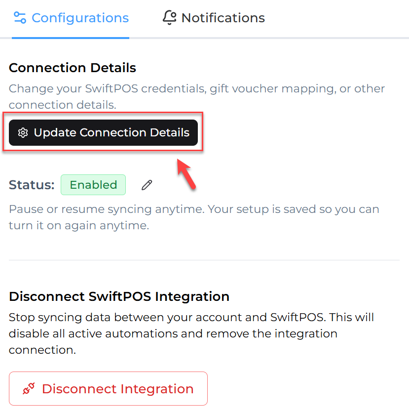 Click on "Update Connection Details"