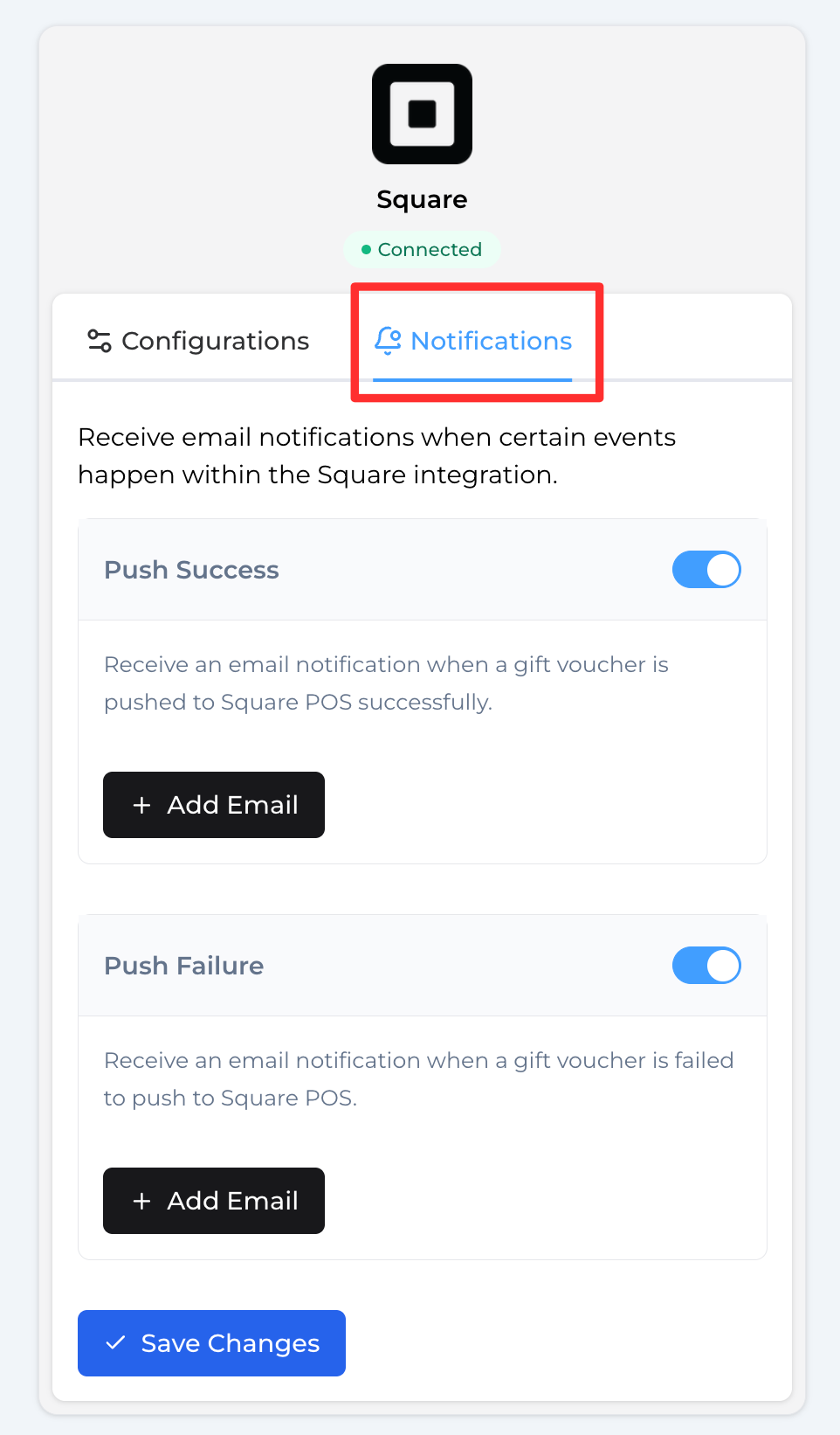 Square integration notifications