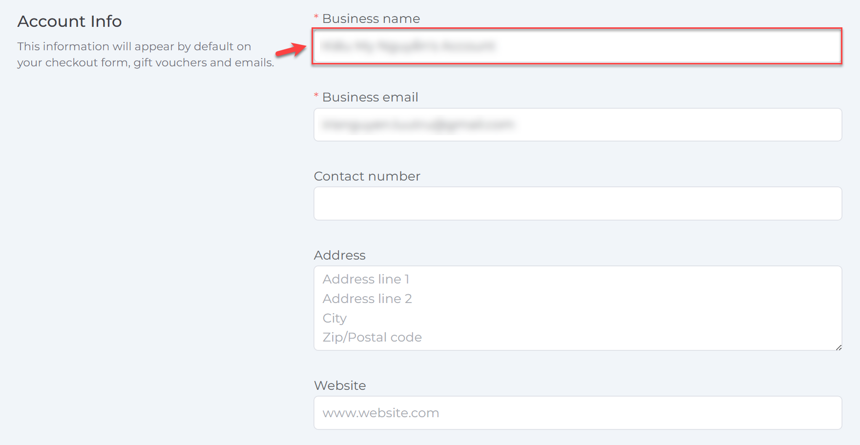 Business settings page