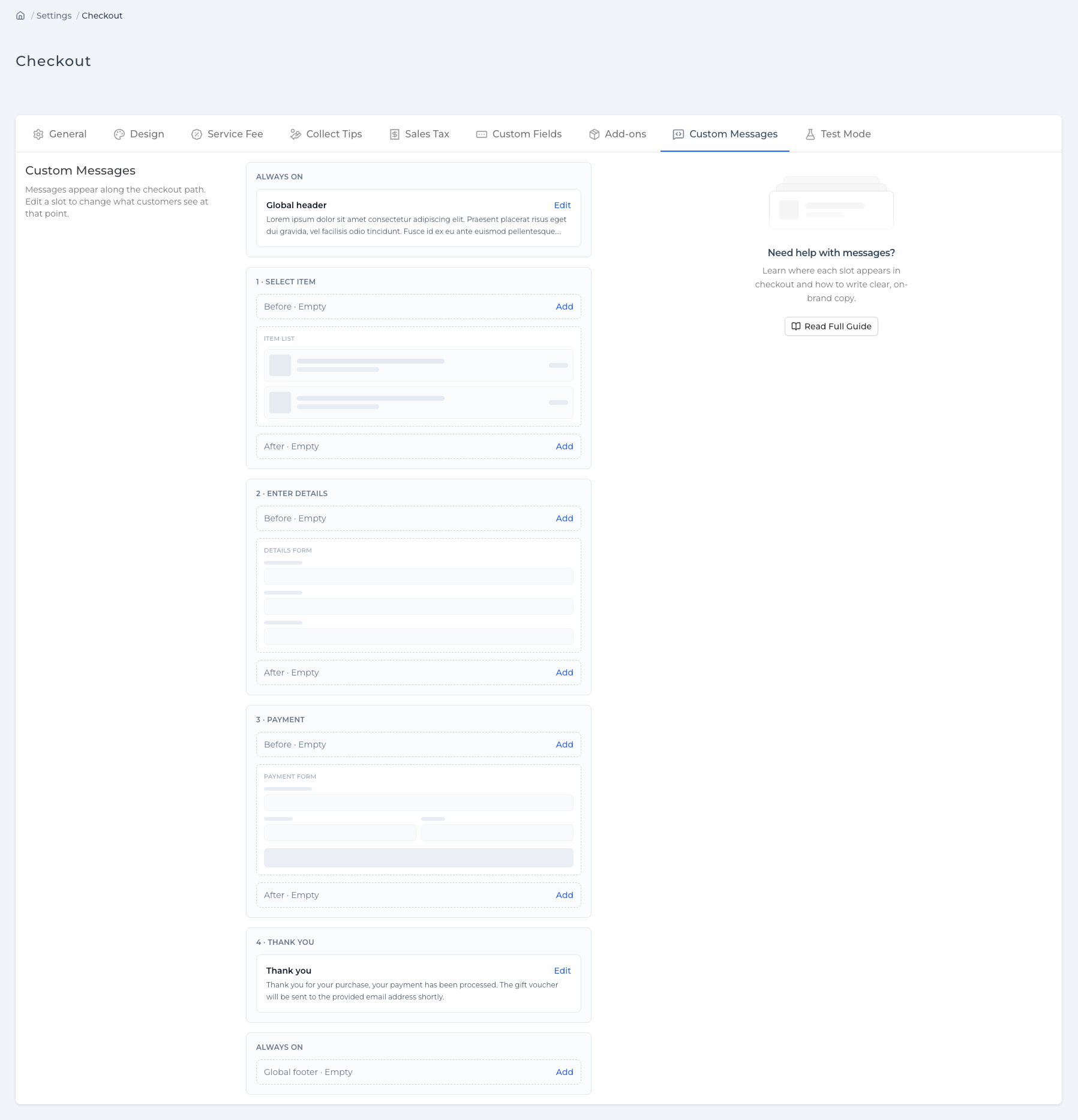 Open Checkout settings, then the Custom Messages tab