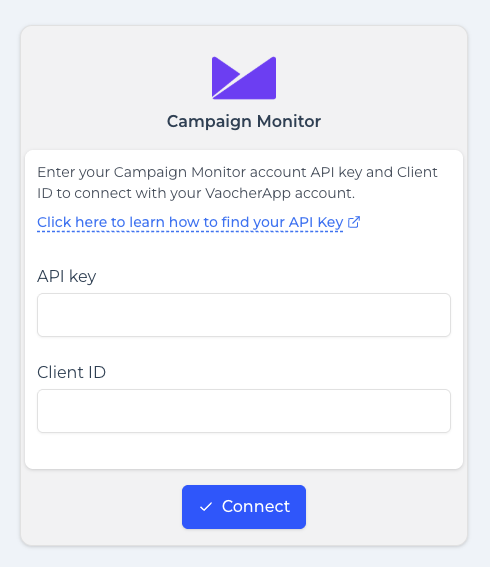 Enter API key and Client ID, then Connect