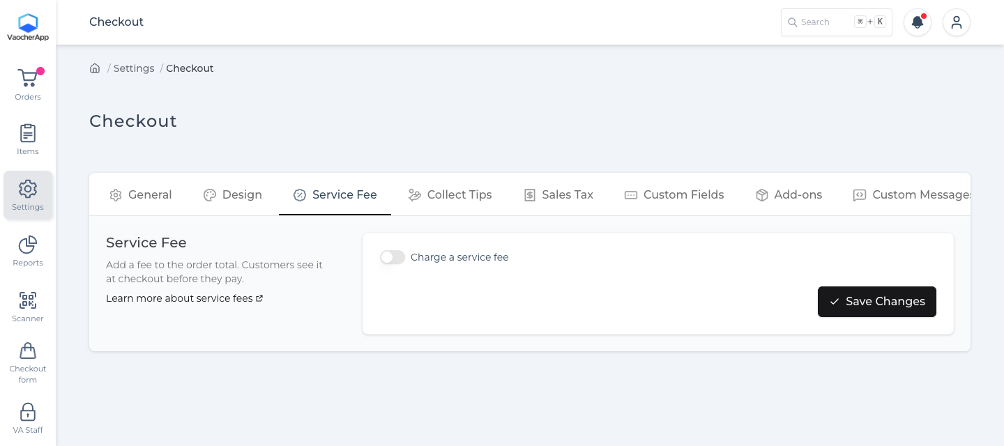Service Fee tab in Checkout settings