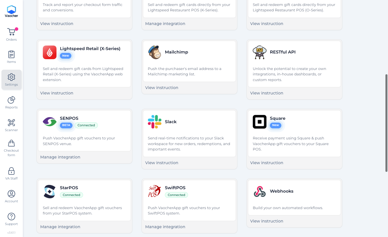 SENPOS card on Integrations & Connected Apps