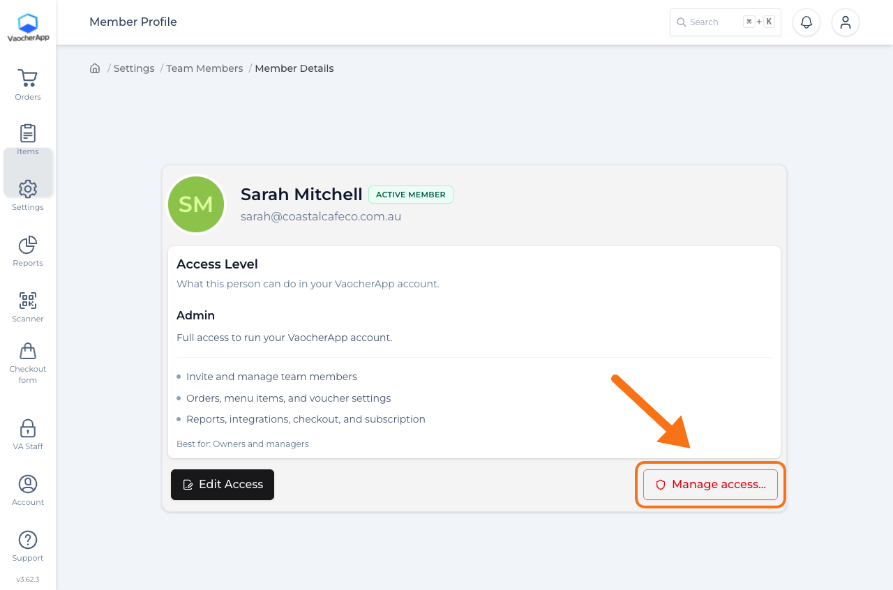 Active member profile with Edit Access and Manage access buttons