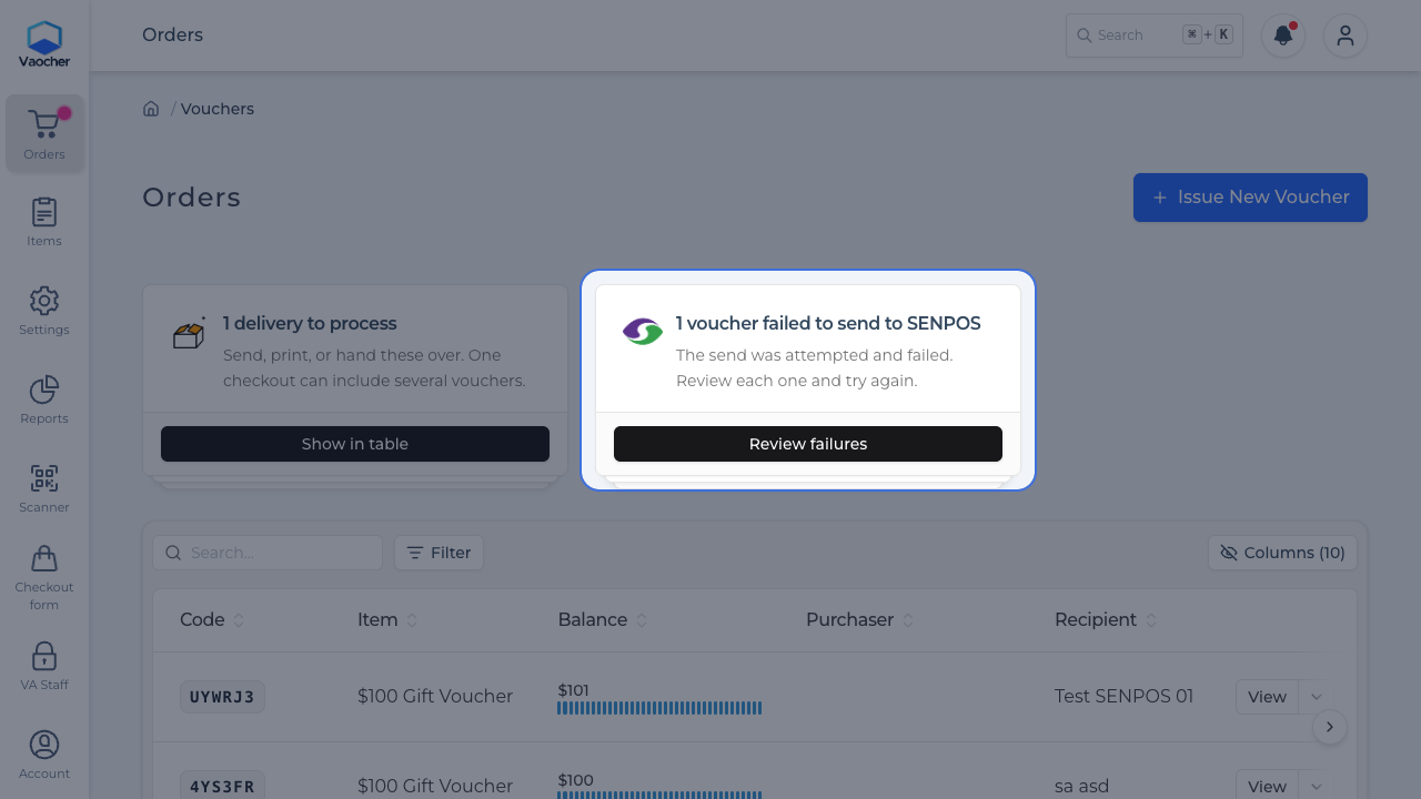 Orders page alert for vouchers that failed to send to SENPOS