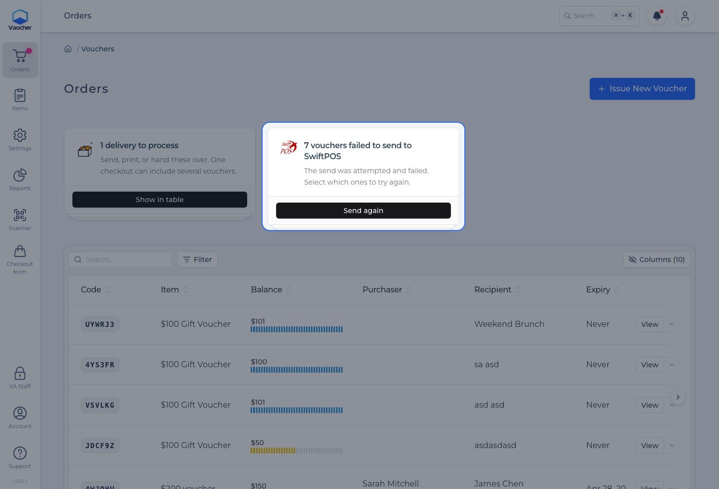 Orders page alert for vouchers that failed to send to SwiftPOS