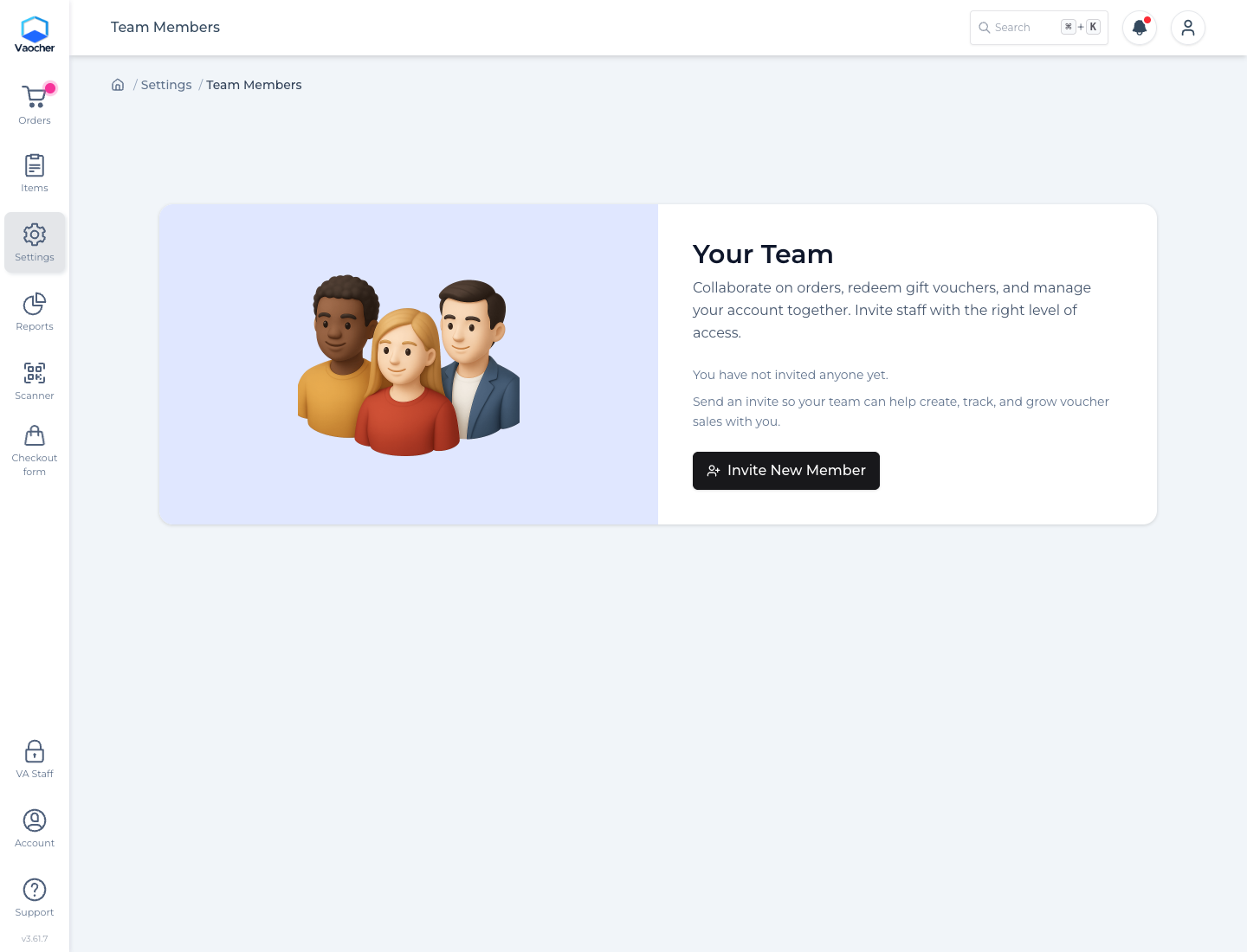 Team Members page with Invite New Member
