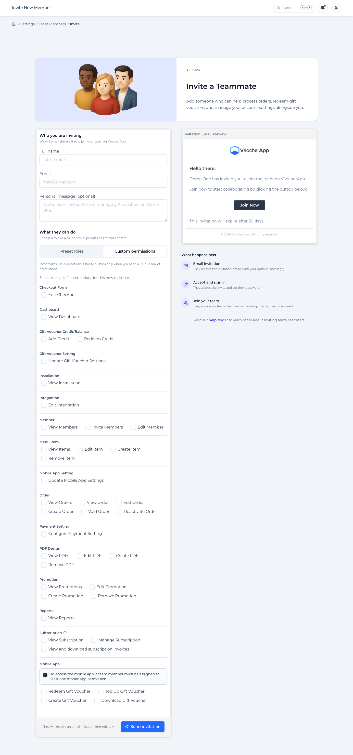 Custom permissions checklist including Subscription and Mobile App