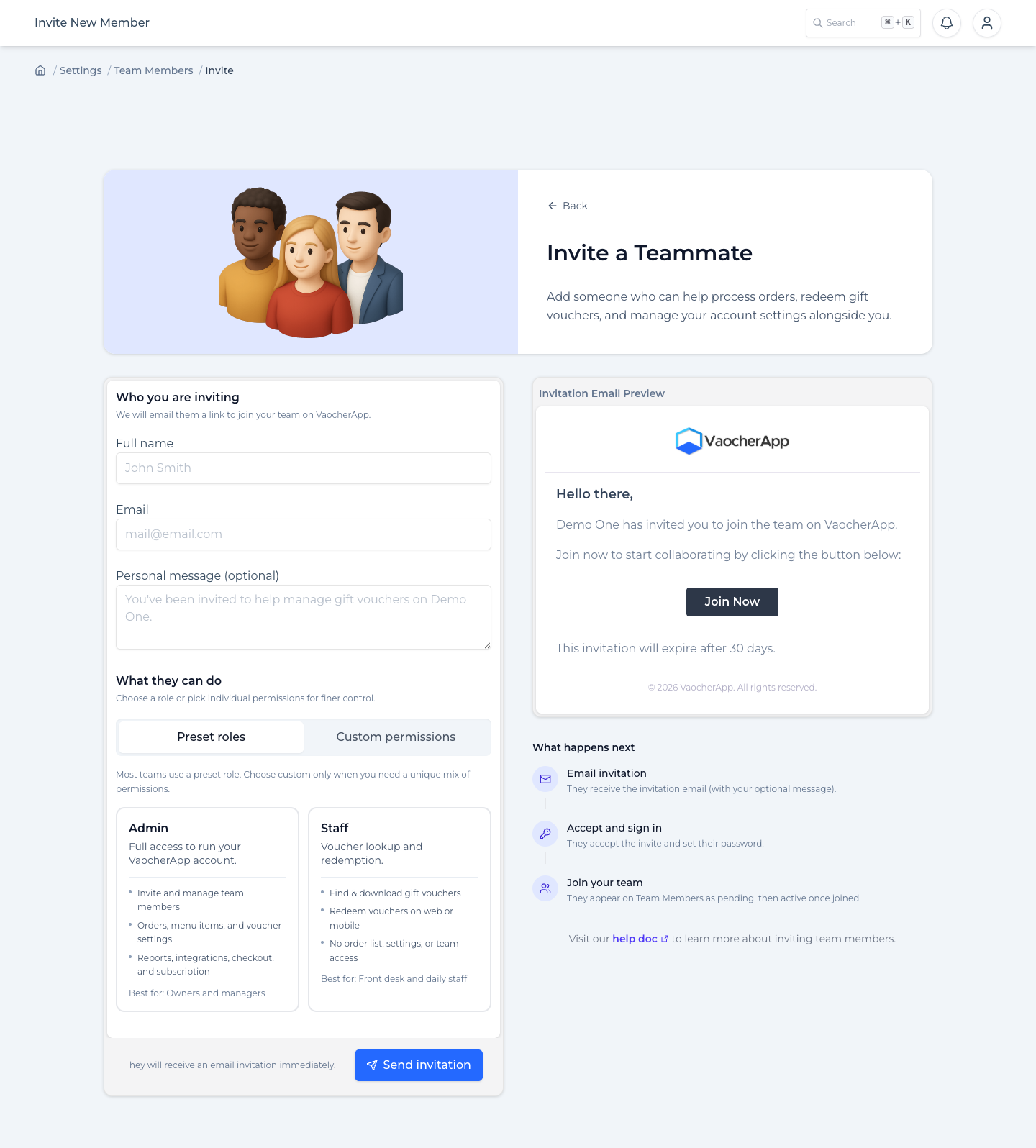 Invite a Teammate form with Preset roles and email preview