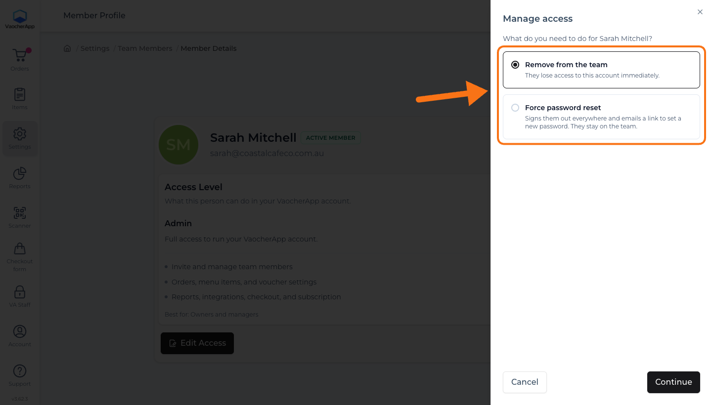 Manage access drawer with Remove from the team and Force password reset options