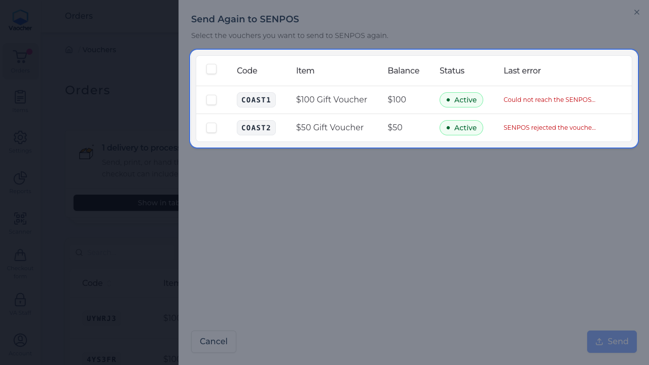Send Again to SENPOS drawer with vouchers selected for retry