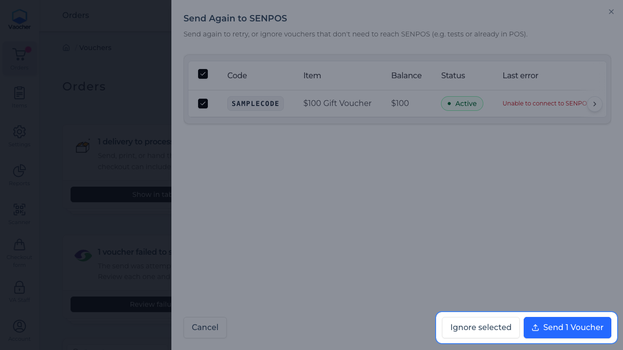 Send Again to SENPOS drawer with vouchers selected to retry or ignore