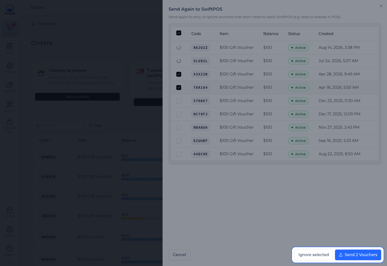 Send Again to SwiftPOS drawer with vouchers selected to retry or ignore