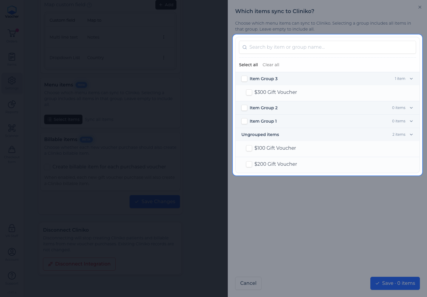 Which items sync to Cliniko drawer with groups and items to select