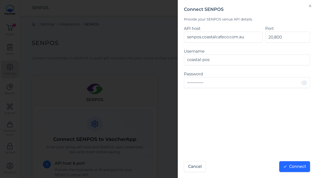 Connect SENPOS drawer with API host, Port, Username, and Password fields