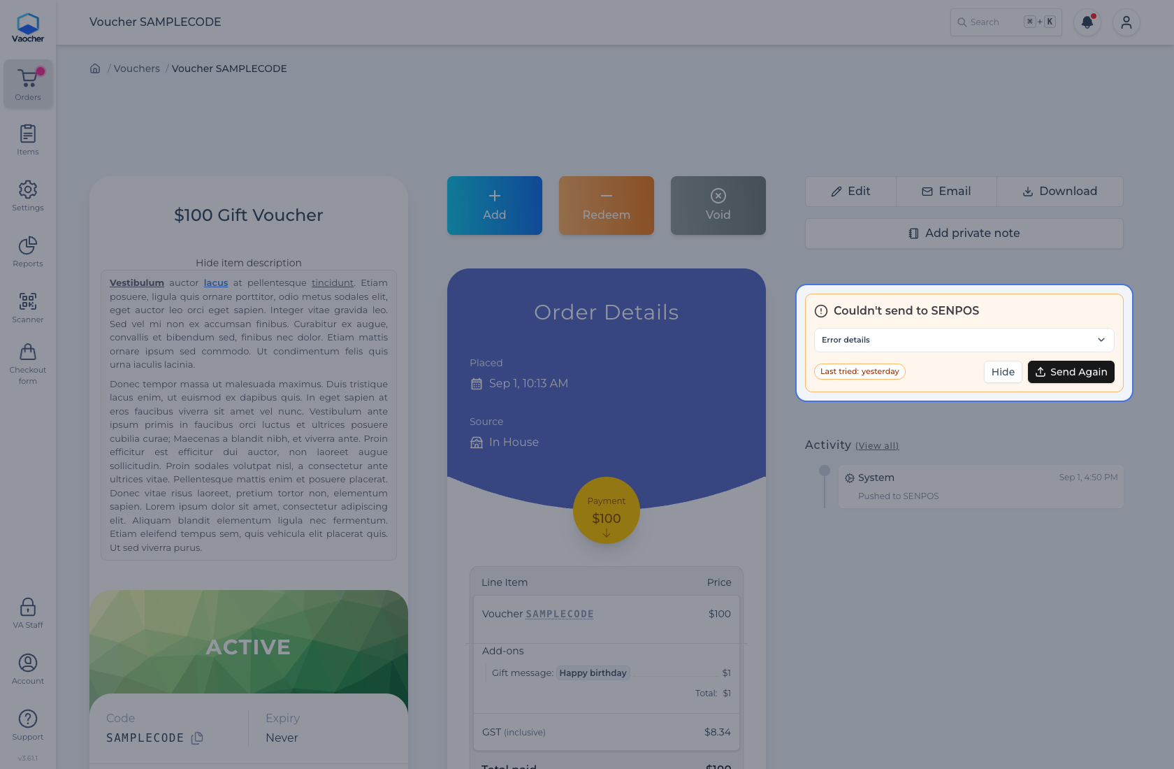 Order details alert Couldn't send to SENPOS with Send Again